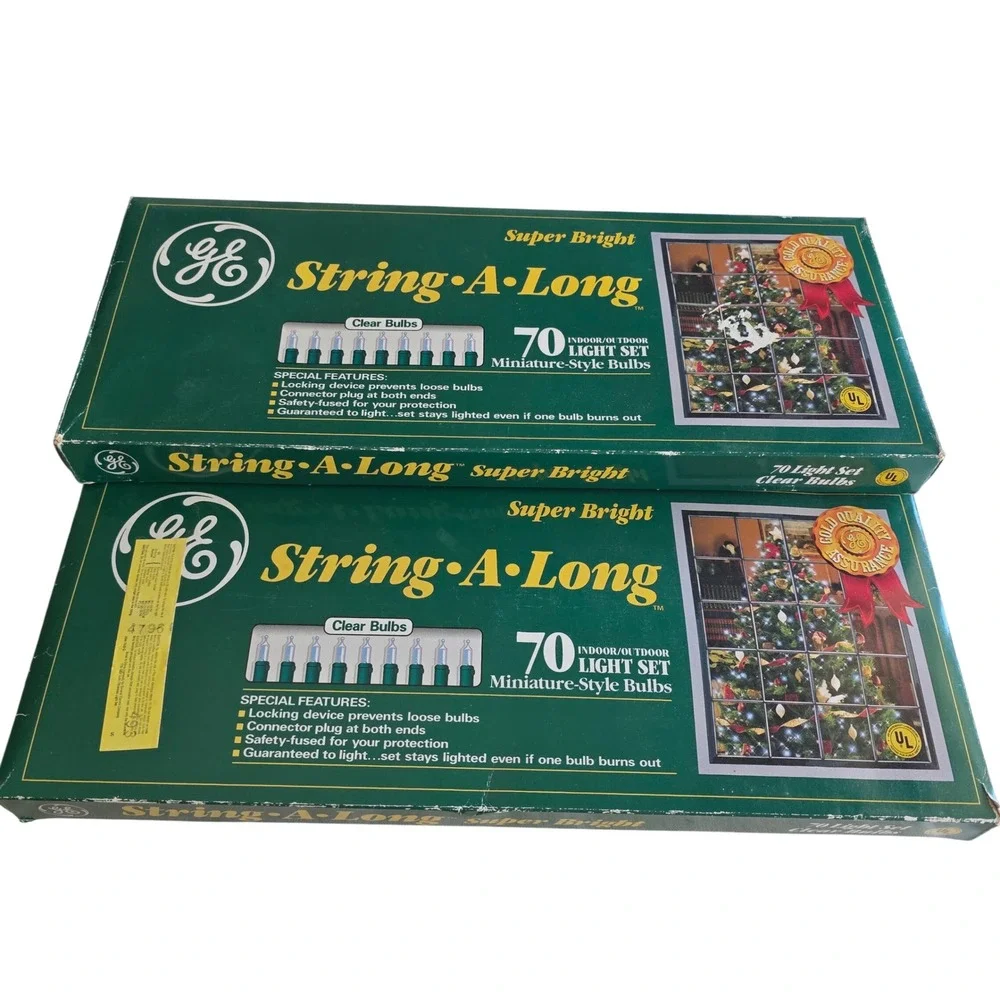 VTG GE String-A-Long Super Bright 70 Light Set Clear Bulbs. 2 Box Lot. New NOS